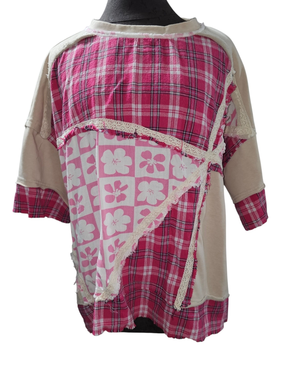 Oli & Hali patchwork Pink Plaid & Floral Mixed-Print Top cottagecore S